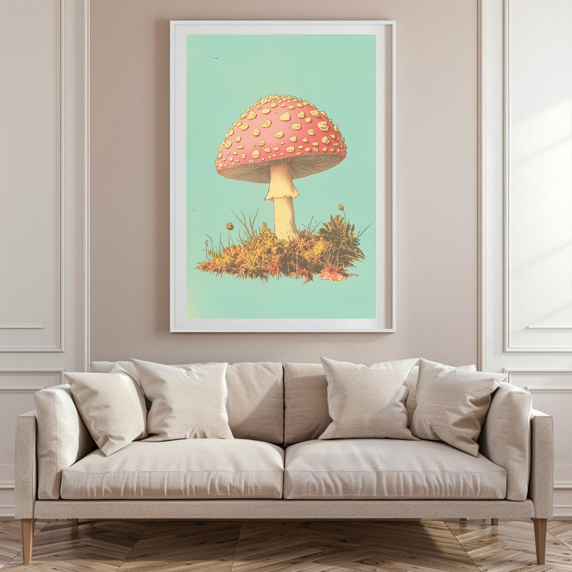 Pink Spotted Toadstool Mushroom On Mint Green Retro Art Poster - Image 6