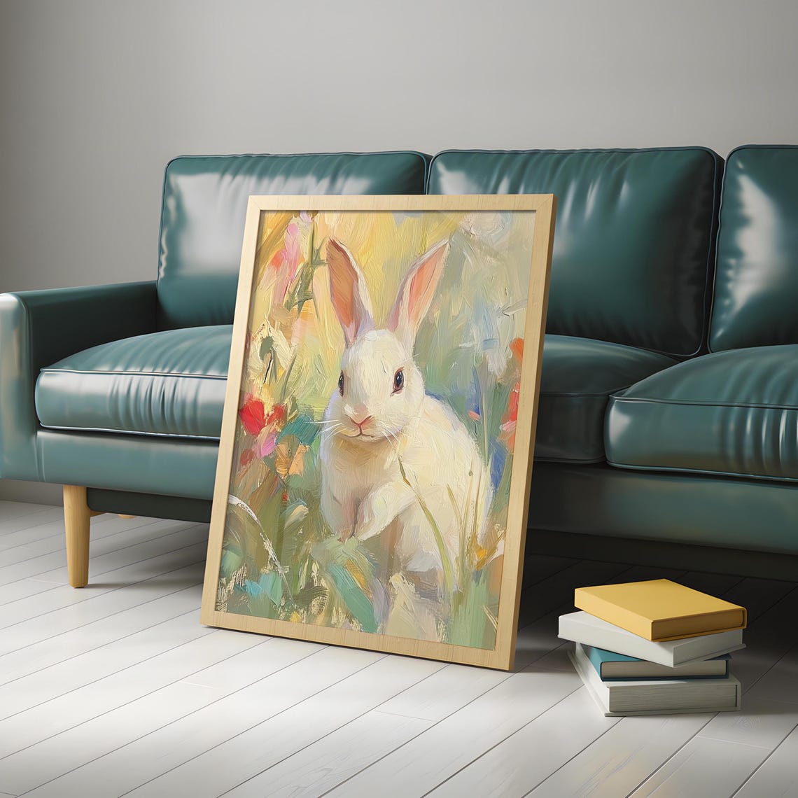 White Bunny in Golden Garden Brushstrokes Painterly Rabbit Poster - Image 4