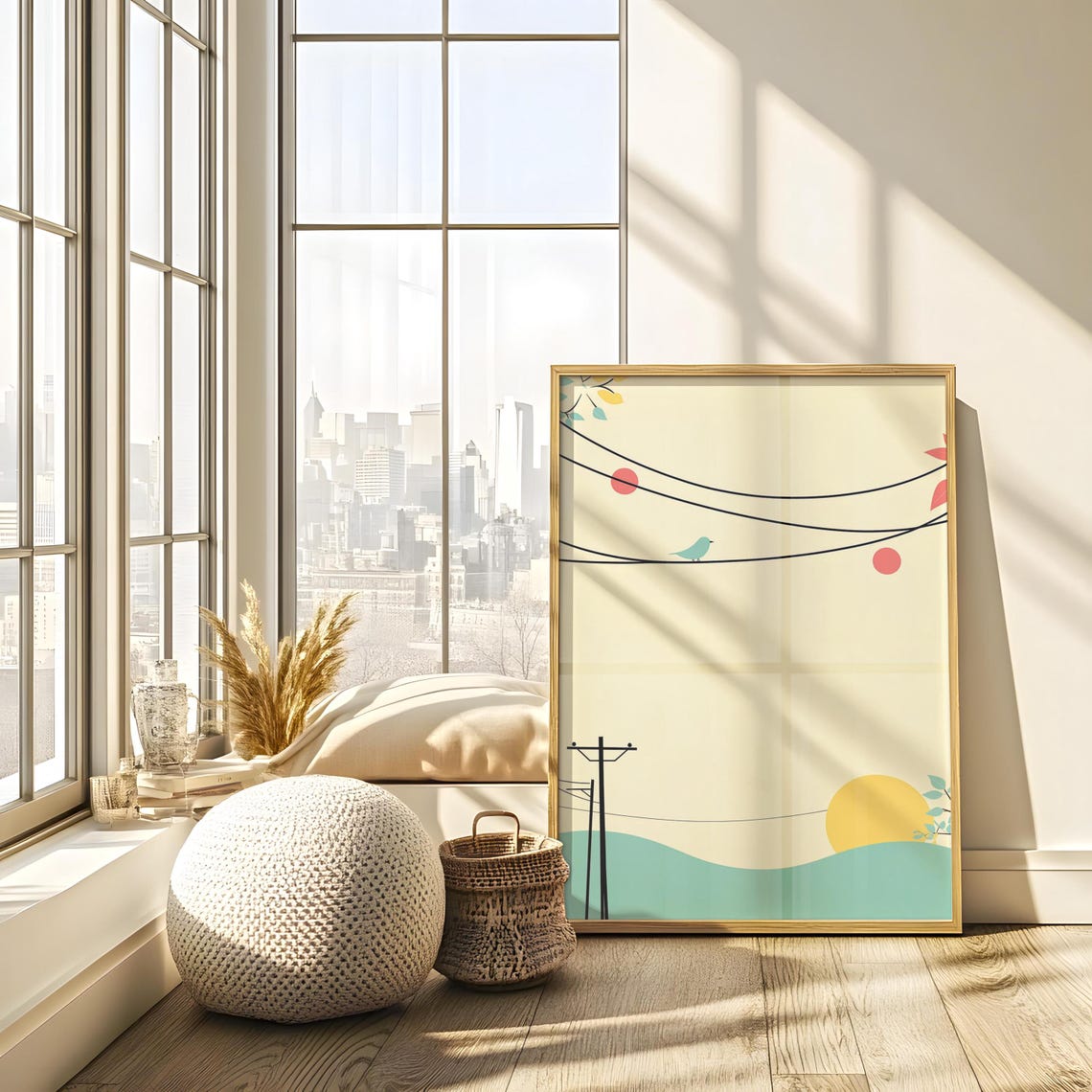 Minimalist Blue Bird On Telephone Wires At Sunset Art Poster - Image 4