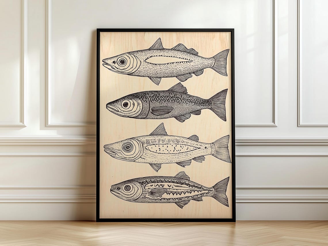 Woodcut Fish Print Wall Art Folk Art Inspired Prints Nautical Coastal Decor Neutral Boho Wall Hanging - Image 7