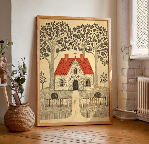 Textile Wall Art Tapestry Inspired Folk Art Poster Prints Neutral Cottagecore Decor Country Small Town