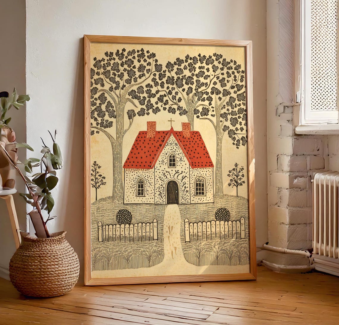 Textile Wall Art Tapestry Inspired Folk Art Poster Prints Neutral Cottagecore Decor Country Small Town
