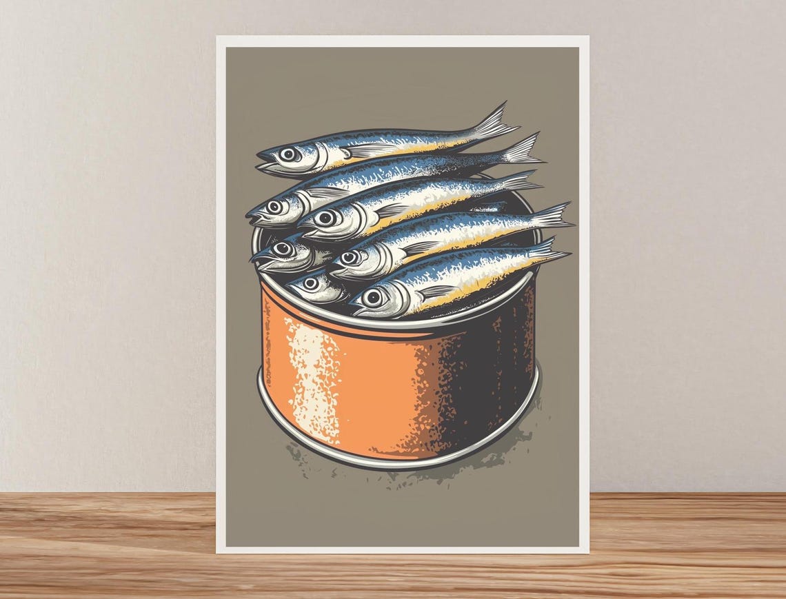 Vintage Round Orange Tin Of Sardines Retro Kitchen Art Poster