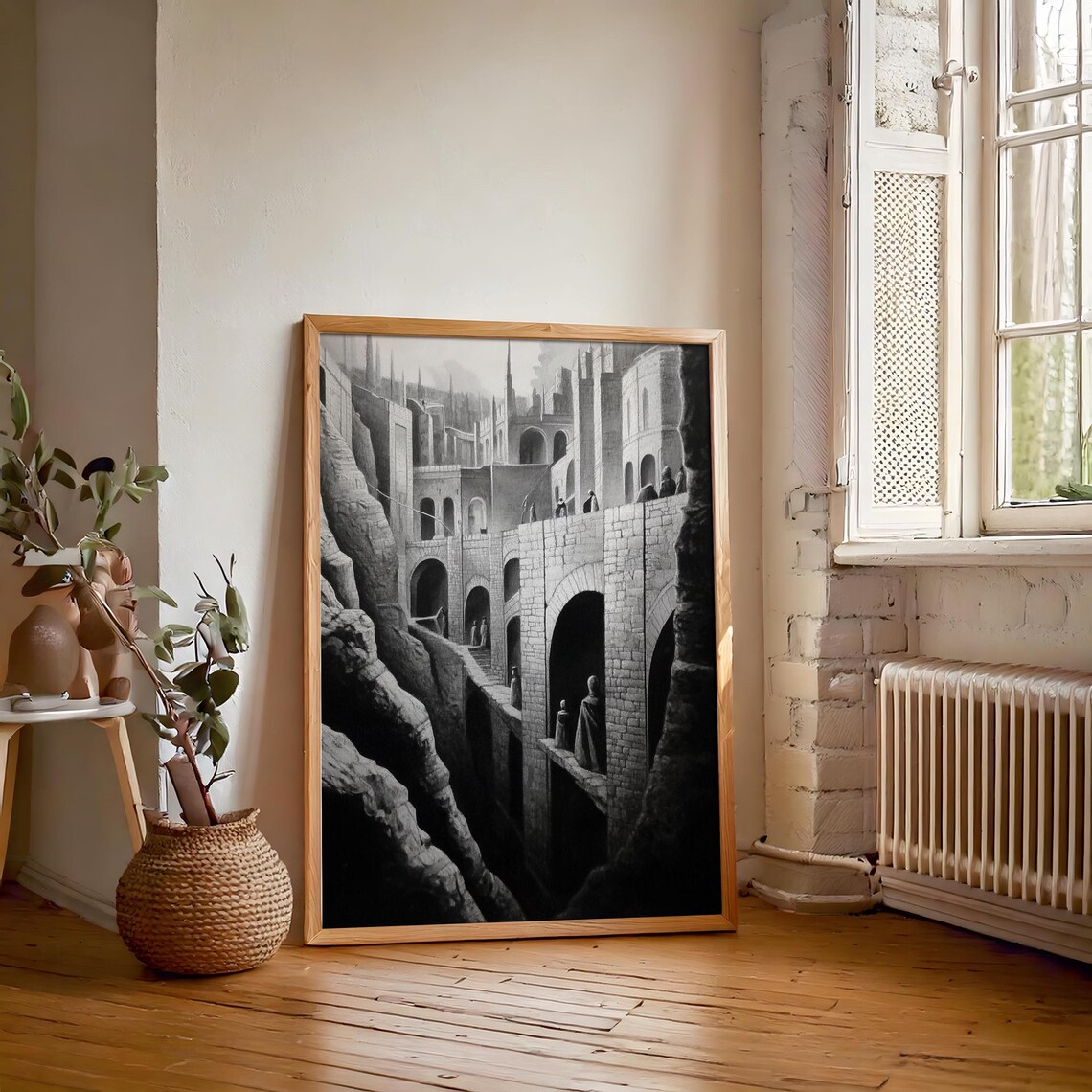 Dark Fantasy Canyon Fortress with Stone Arches Ink Drawing Poster - Image 6