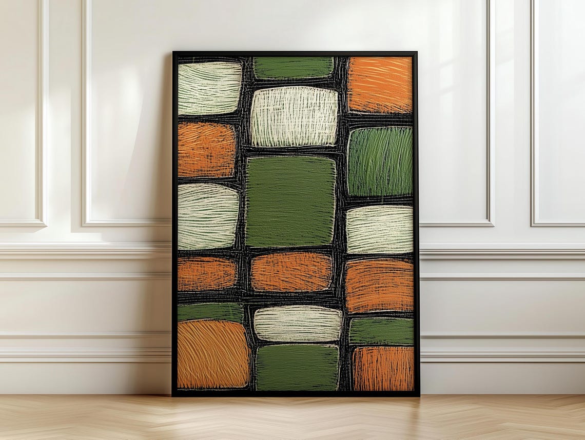 Retro Geometric Grid Sage Green Cream Rust 1970s Style Poster - Image 7