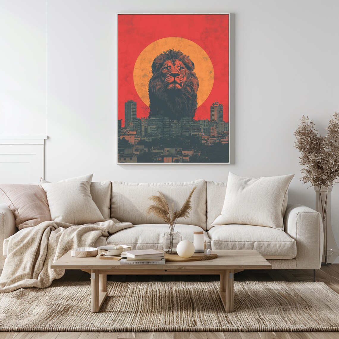 Majestic Lion Head Rising Above A City At Red Sunset Art Poster - Image 5