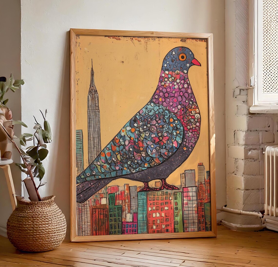 Mosaic Pigeon Above A Colorful City Skyline Landmark Art Poster