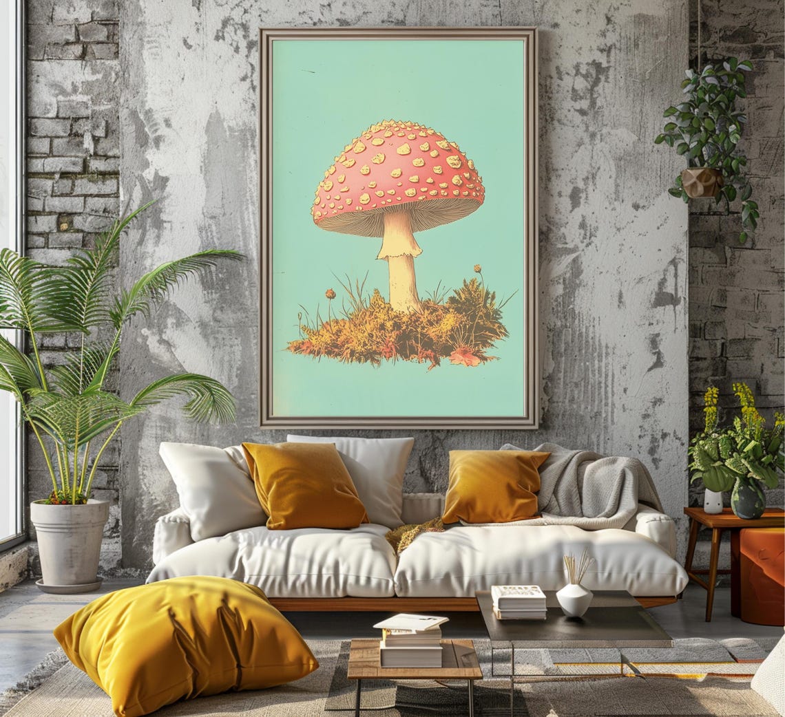 Pink Spotted Toadstool Mushroom On Mint Green Retro Art Poster - Image 7
