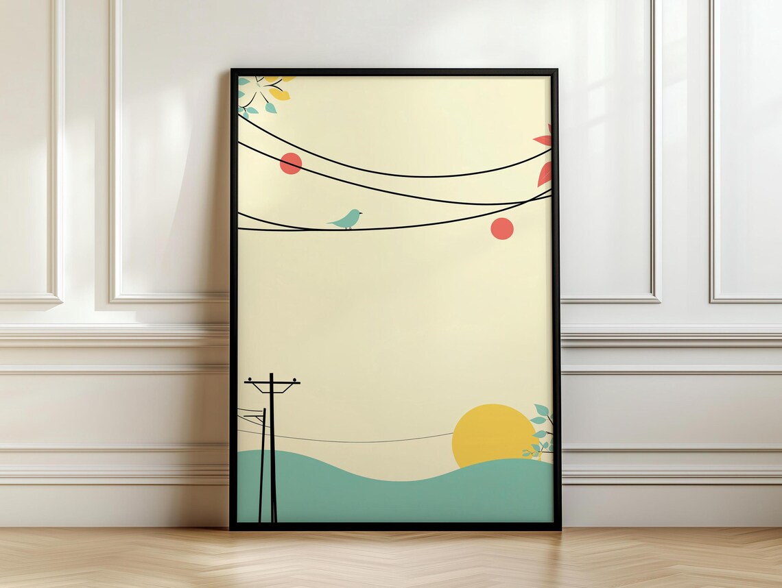 Minimalist Blue Bird On Telephone Wires At Sunset Art Poster - Image 7