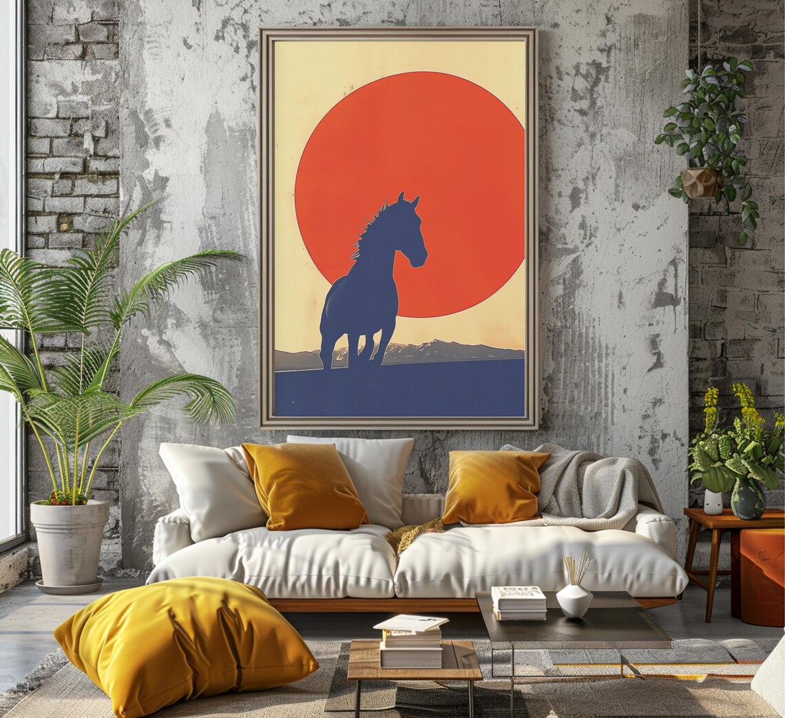 Horse Silhouette Against Giant Orange Sun at Dusk Wildlife Art Poster - Image 6