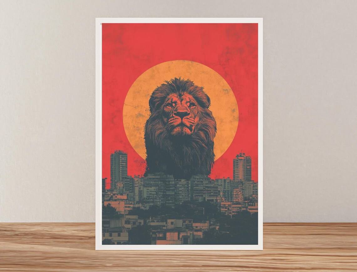 Majestic Lion Head Rising Above A City At Red Sunset Art Poster