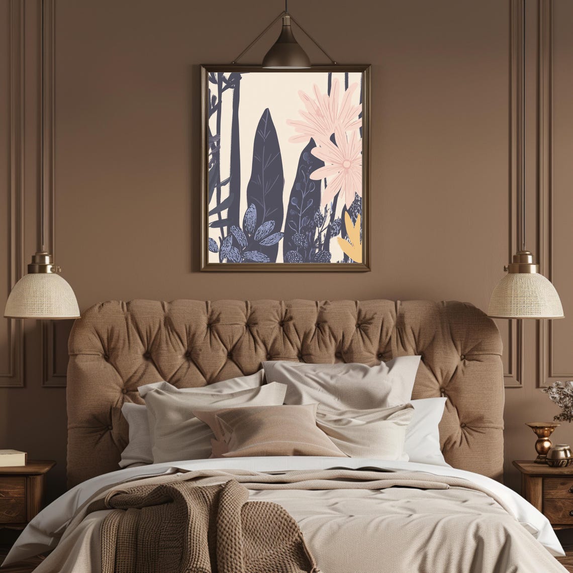 Dark Navy Botanical Leaves with Soft Pink Bloom Modern Floral Poster - Image 3