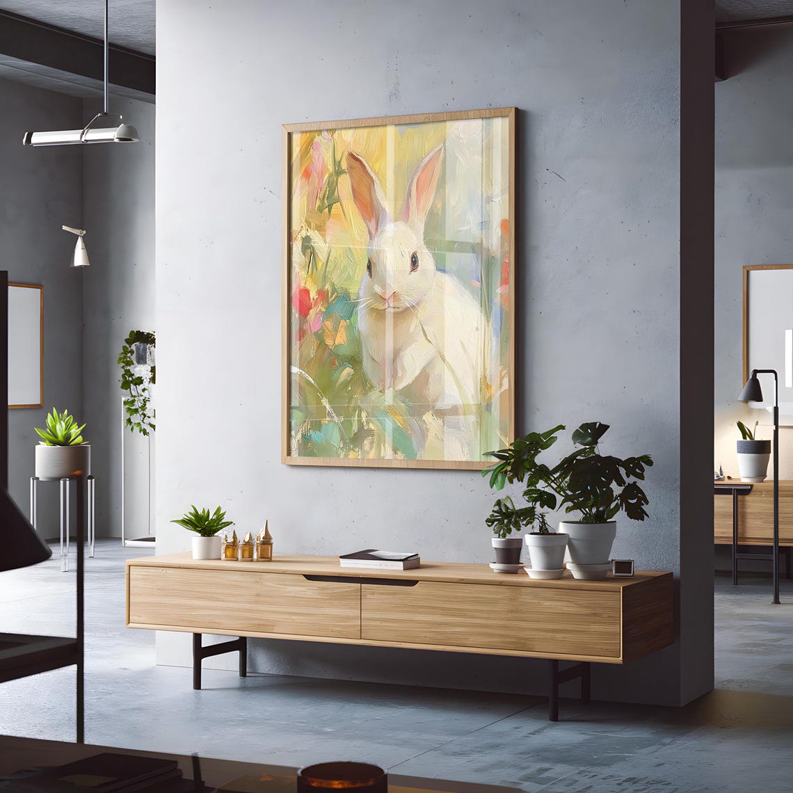 White Bunny in Golden Garden Brushstrokes Painterly Rabbit Poster - Image 3