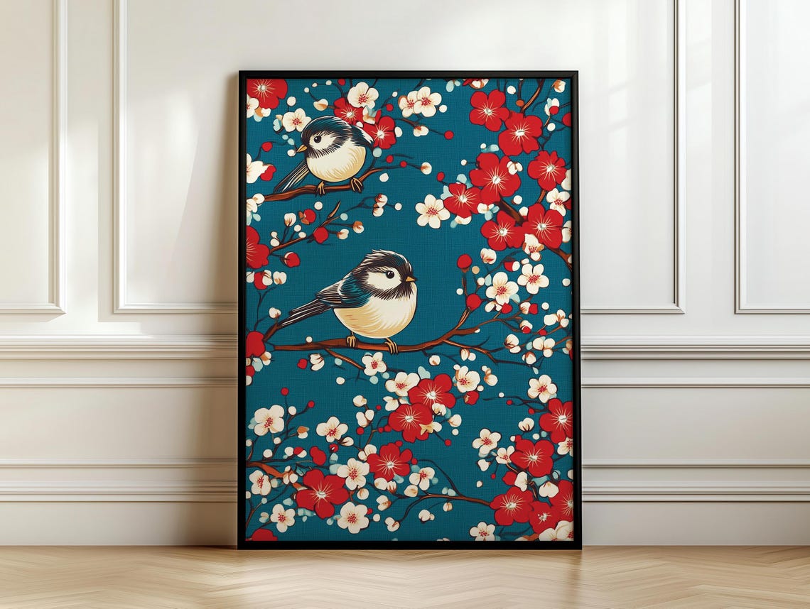 Two Songbirds Resting Among Red And White Blossoms Teal Poster - Image 7