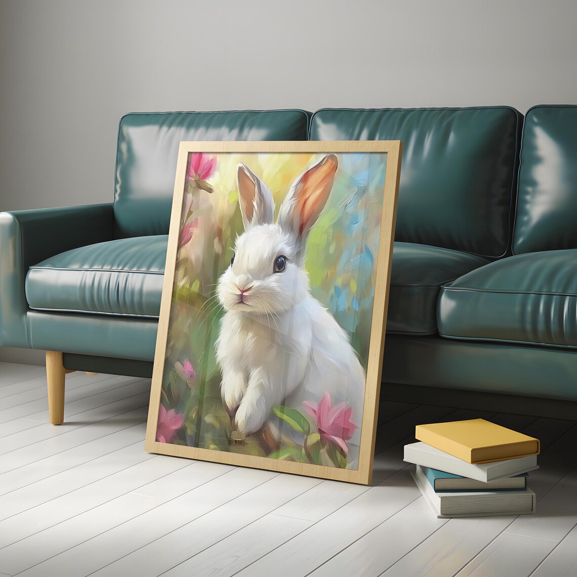White Bunny Among Pink Blossoms Soft Painterly Spring Garden Animal Wall Art - Image 4