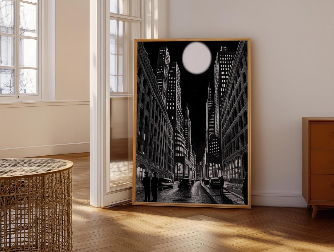 Gothic City Street Under a Giant Full Moon Ink Drawing Poster - Image 7