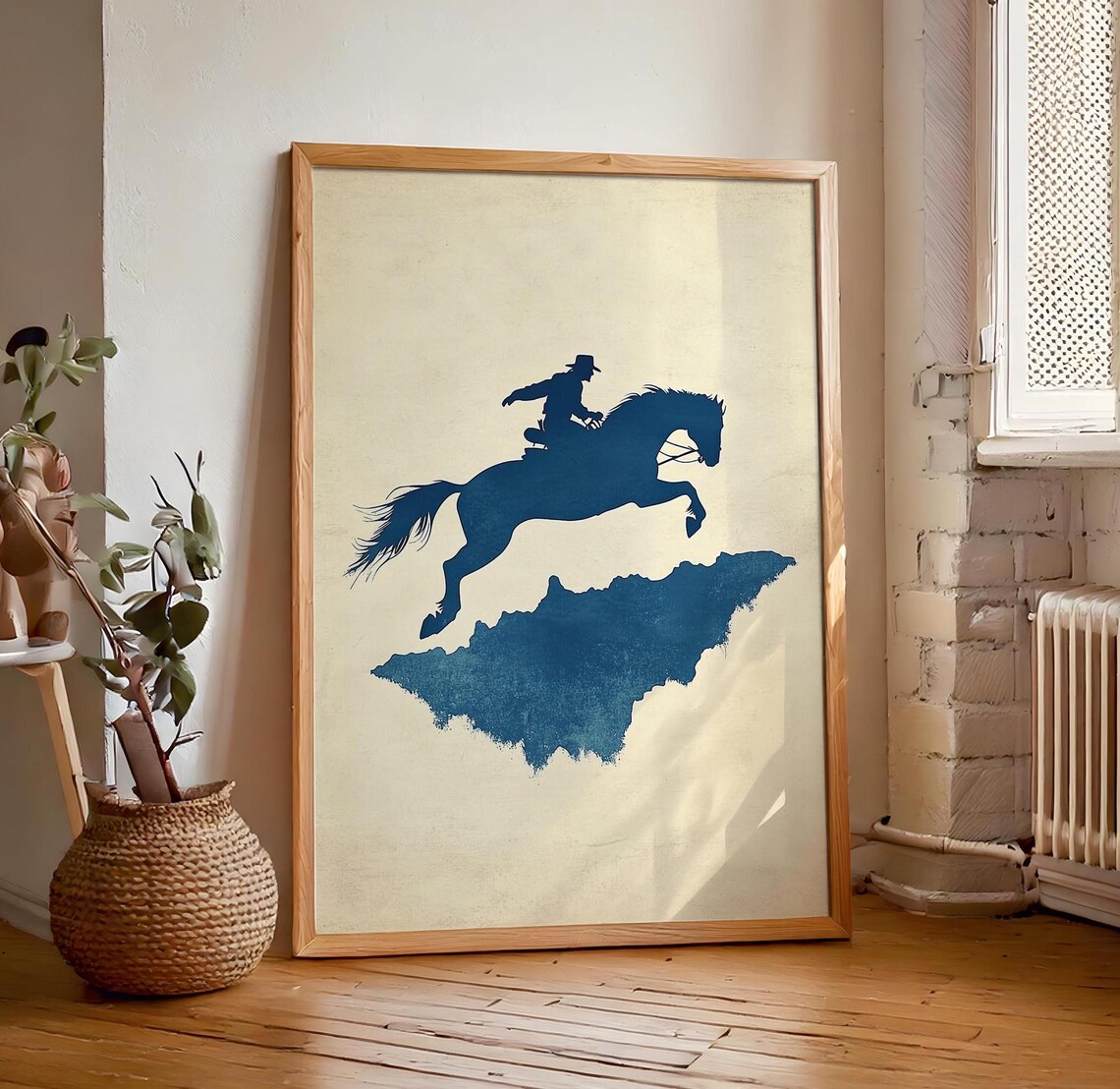 Navy Blue Cowboy on Leaping Horse Minimalist Silhouette Poster - Image 7
