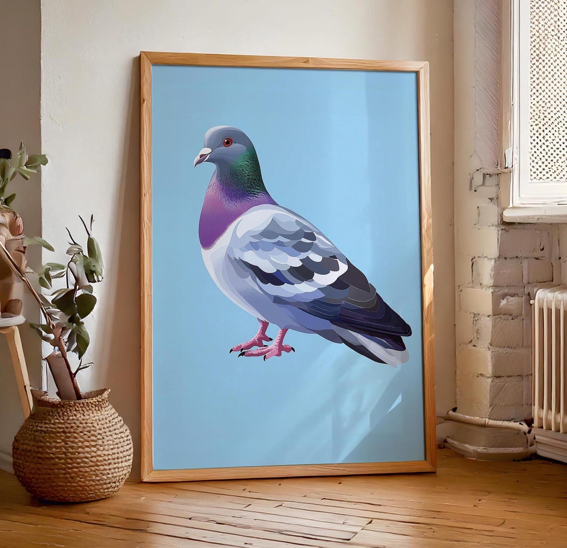 Playful Pop Art Pigeon Illustration on a Bright Baby Blue Poster