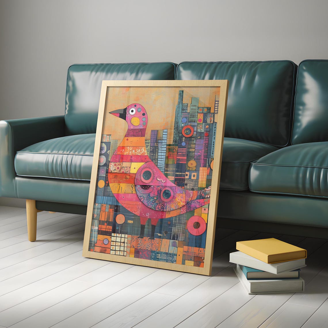 Stylized Patchwork Pigeon Over A Geometric Cityscape Art Poster - Image 5