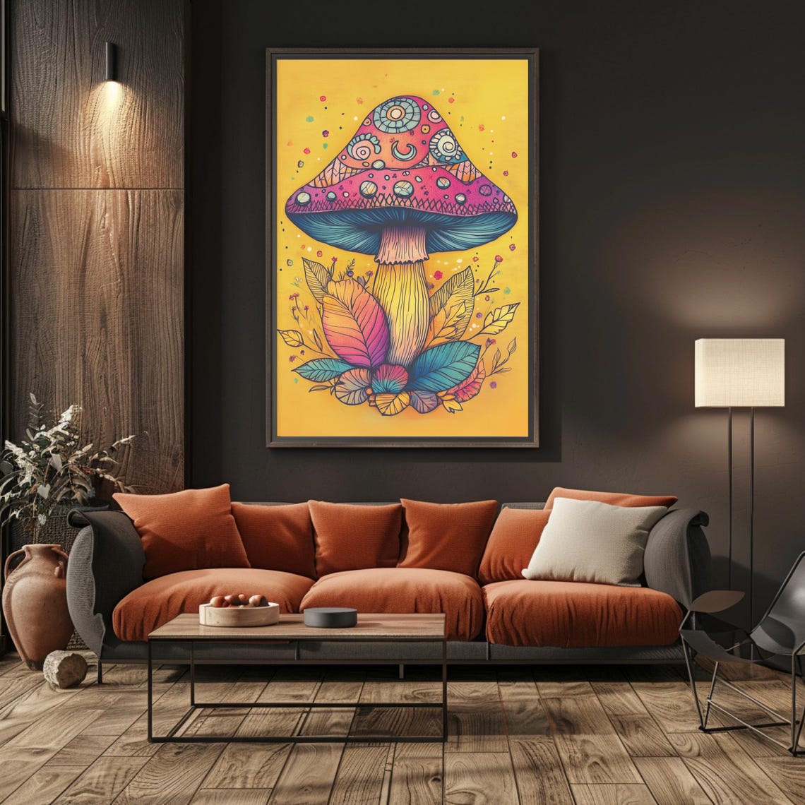 Celestial Patterned Mushroom On Yellow Psychedelic Art Poster - Image 5