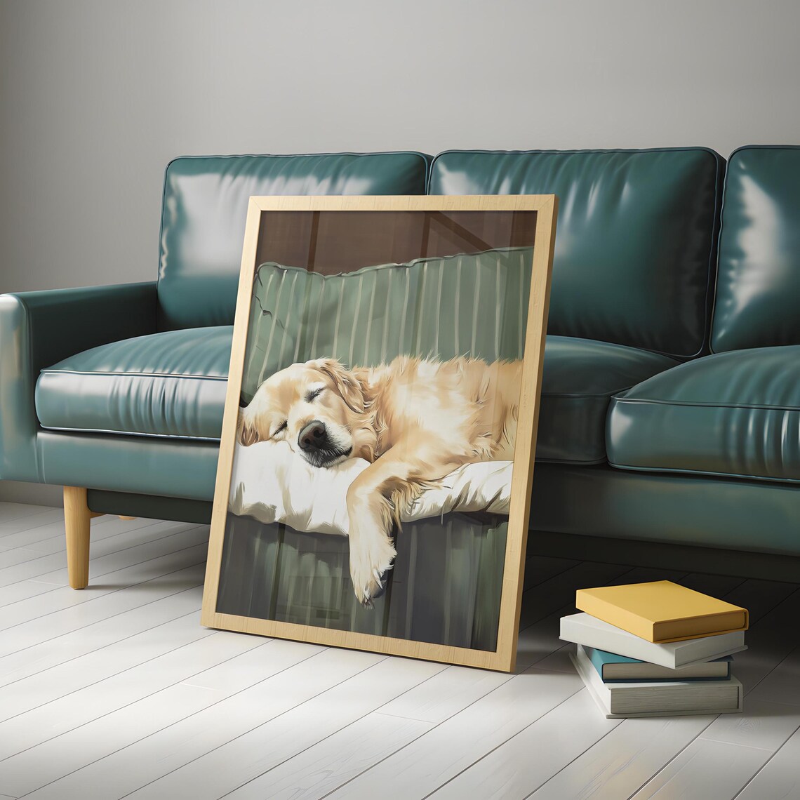 Golden Retriever Asleep on Green Striped Couch Paw Hanging Dog Poster - Image 4