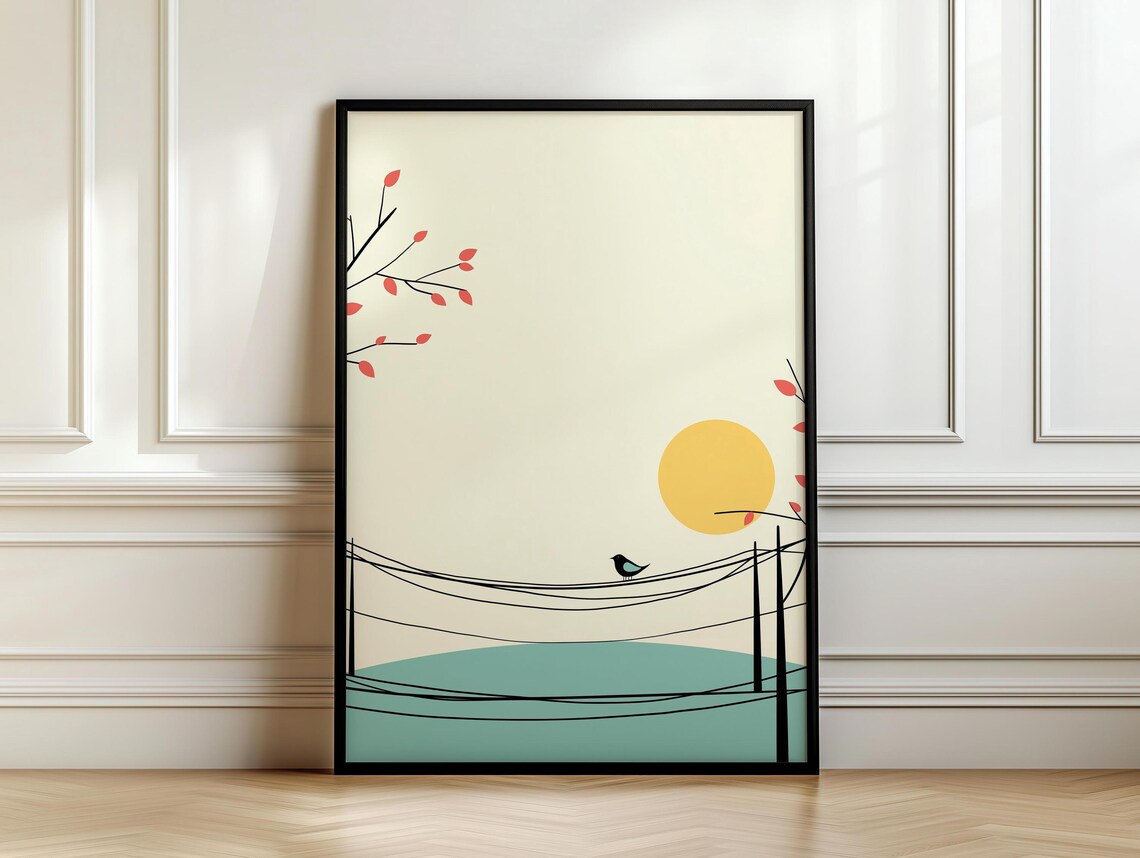 Minimalist Black Bird On Wire Golden Sun Cream Minimal Art Poster - Image 7