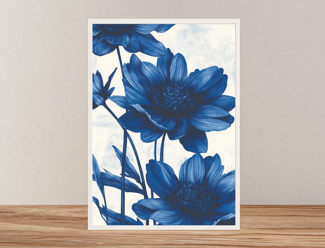 Cobalt Blue Monochrome Blooms White Background Floral Art Poster