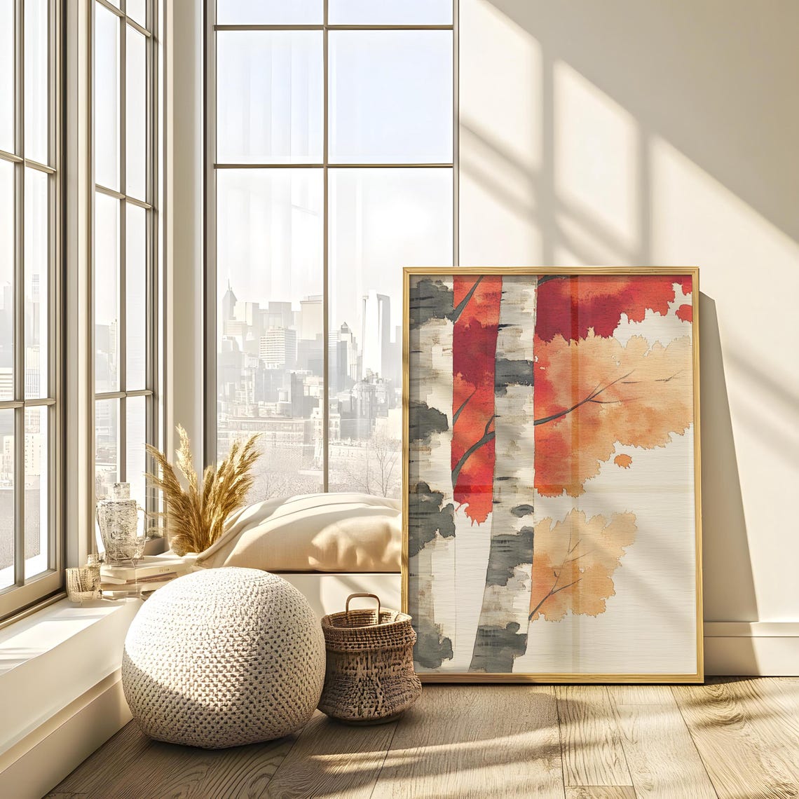 Watercolor Birch Trunks Red Gold Wash Abstract Forest Poster - Image 2
