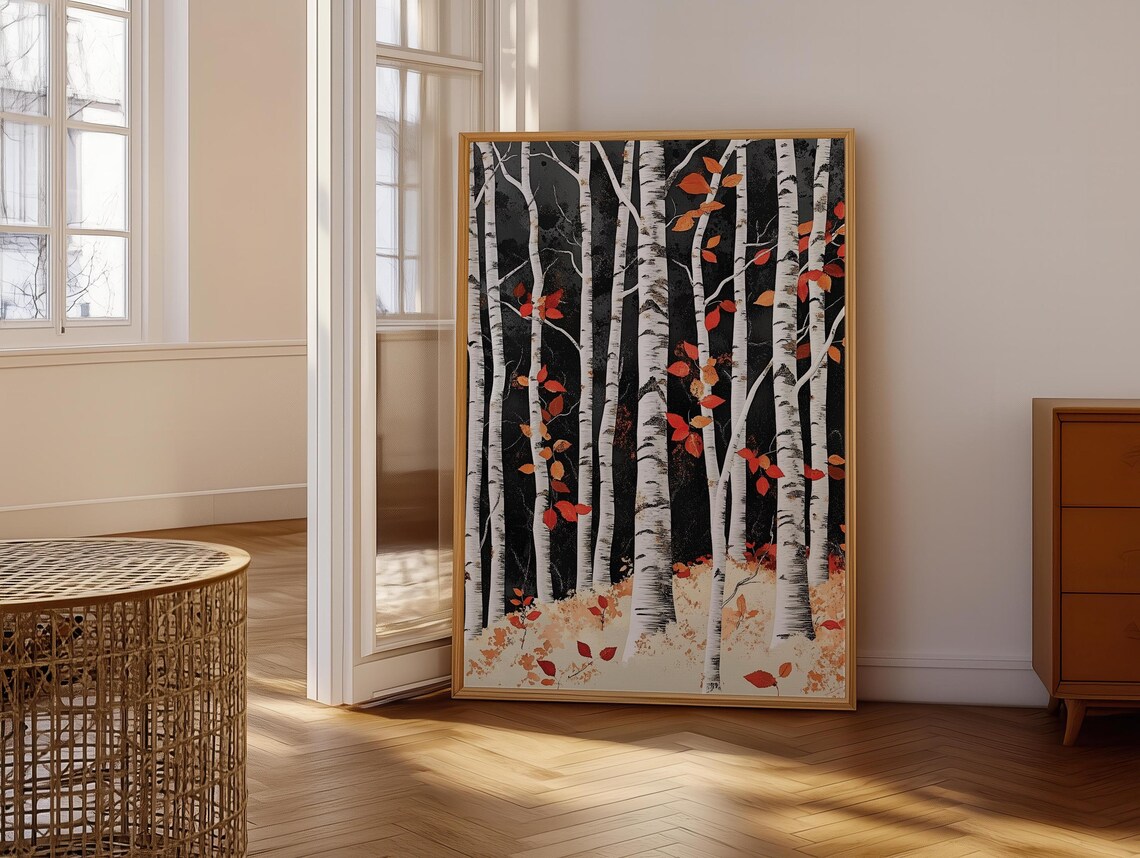 Birch Tree Painting Nature Inspired Wall Art Print Japandi Style Birch Tree At Night Art Dopamine Decor Bedroom Living Dining Room - Image 6