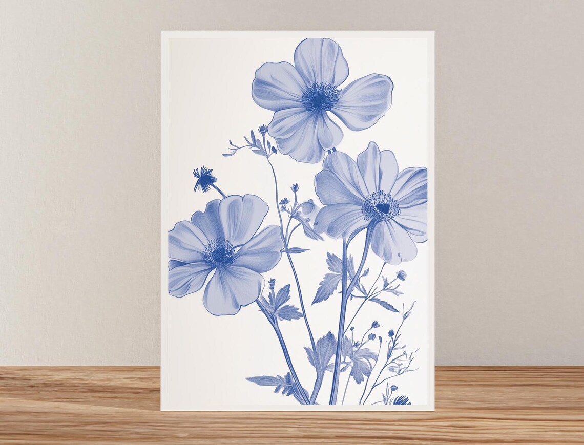 Blue Cosmos Flowers Watercolor Botanical Minimalist Floral Poster