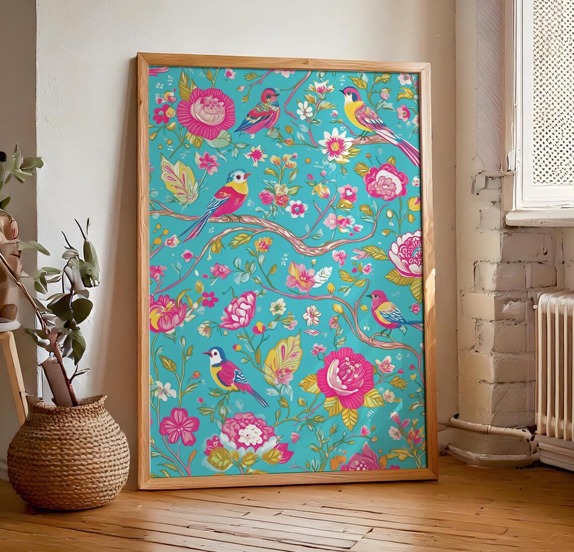 Chinoiserie Botanical Birds Art Print, Floral Pattern