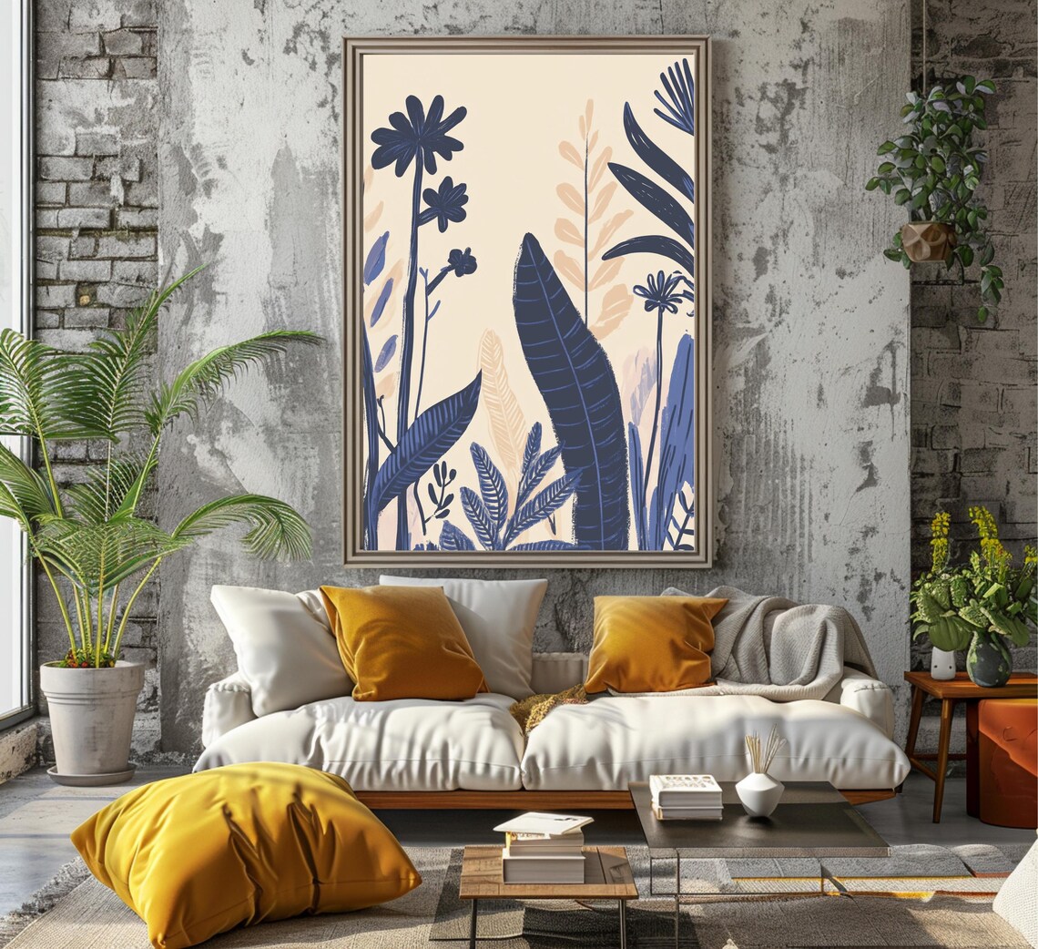 Navy and Peach Botanical Silhouettes Cream Chinoiserie Floral Poster - Image 6