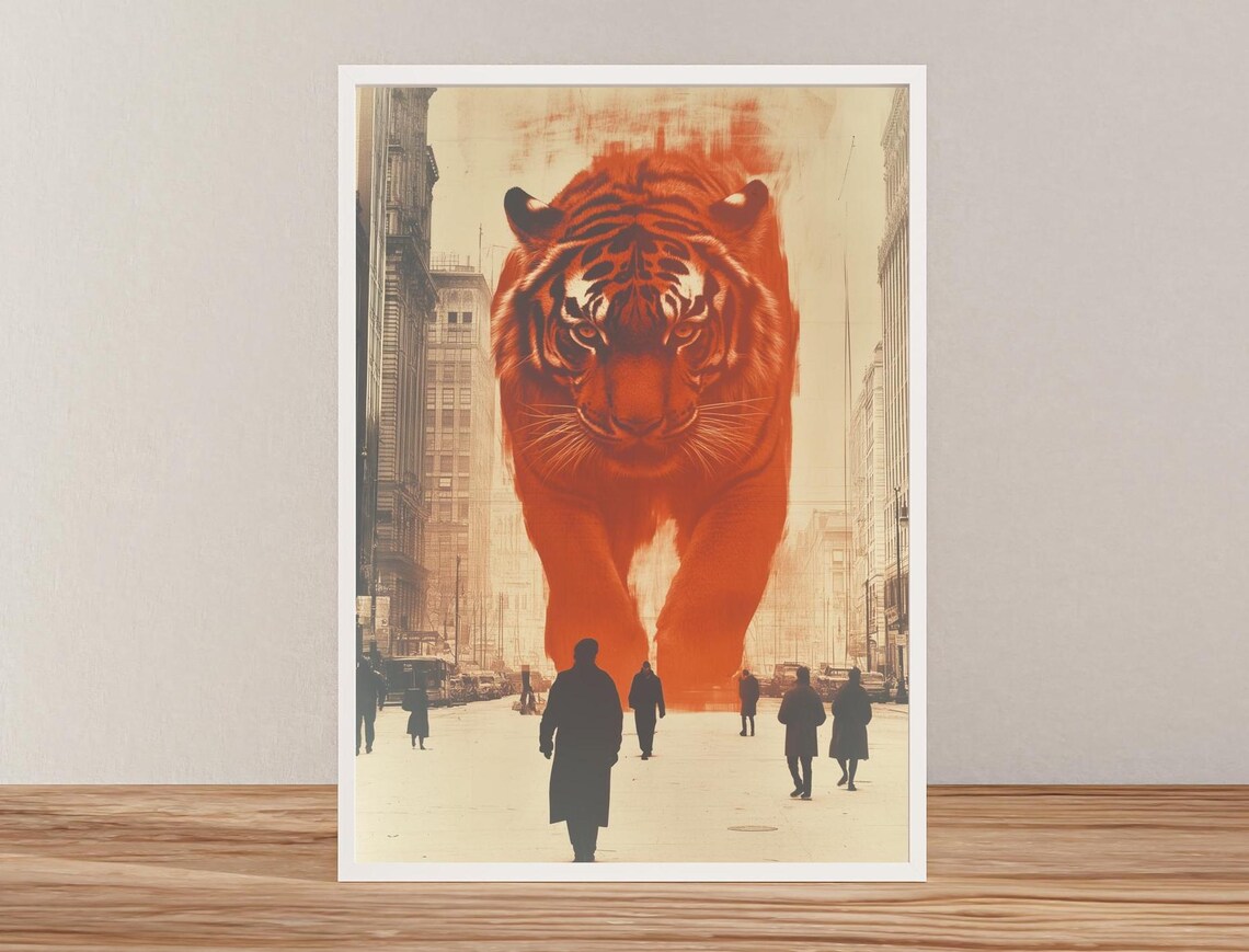 Giant Orange Tiger Towering Over A Busy City Street Art Poster