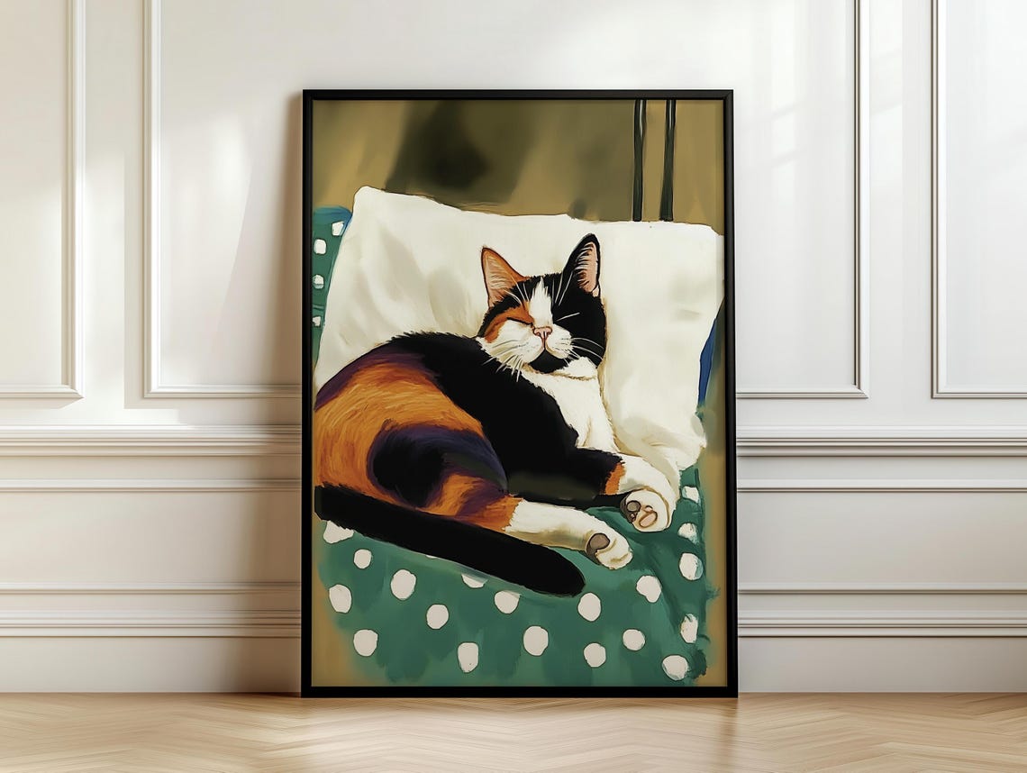 Calico Cat Napping on Polka Dot Quilt White Pillow Cozy Poster - Image 7