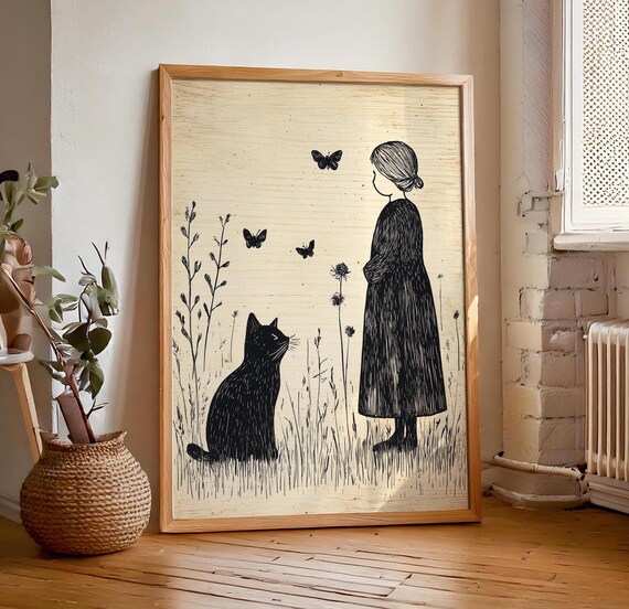 Girl And Black Cat Watching Butterflies Black Ink Whimsical Folk Art Illustration Poster