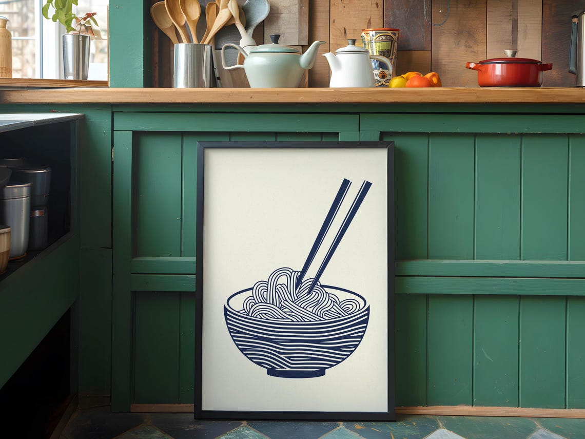Minimalist Navy Ramen Bowl Line Art Illustration on Cream Poster - Image 4