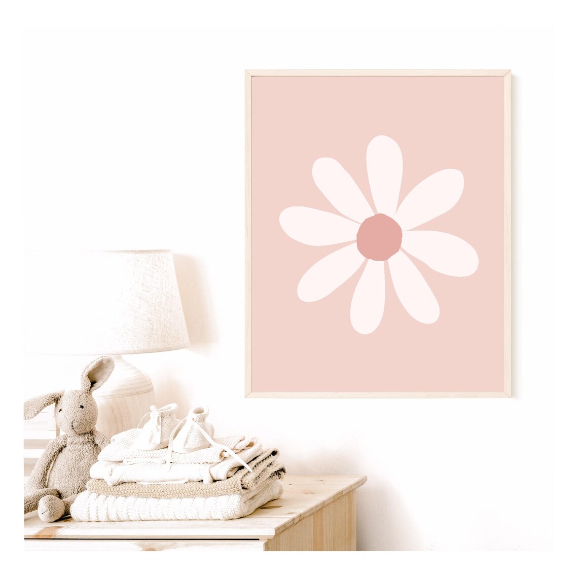 White Daisy Blush Pink Minimalist Floral Nursery Girls Room Wall Art - Image 3