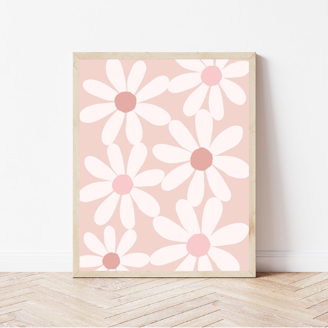 White Daisy Pattern Blush Pink Floral Nursery Girls Room Wall Art - Image 3