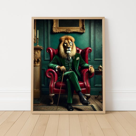 Aristocratic Lion Art Print, Maximalist Gentleman Decor