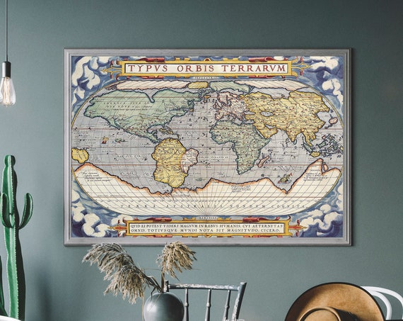 Vintage Colour World Map Antique Illustration Boho Travel Poster Gift