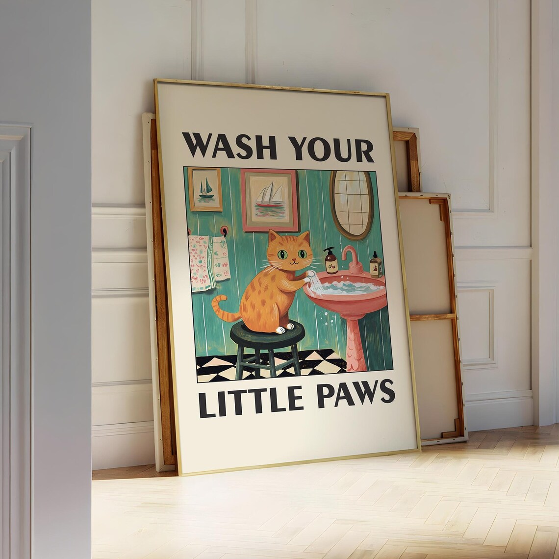 Wash Your Little Paws Orange Tabby Cat At Sink Funny Bathroom Poster