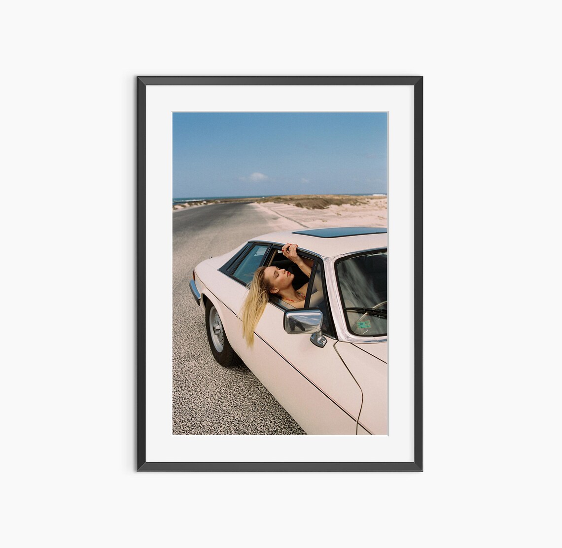 Woman Leaning from Vintage Car on Desert Road Retro Photo Poster