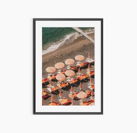 Aerial Beach Orange Umbrellas Turquoise Waves Photo Art Poster