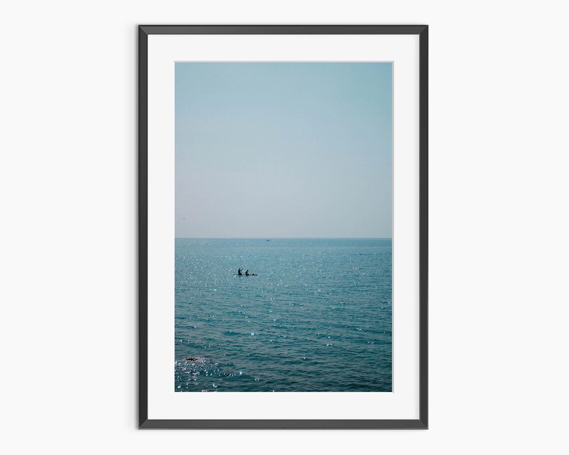 Two Paddleboarders On Vast Blue Ocean Minimalist Summer Seascape Poster