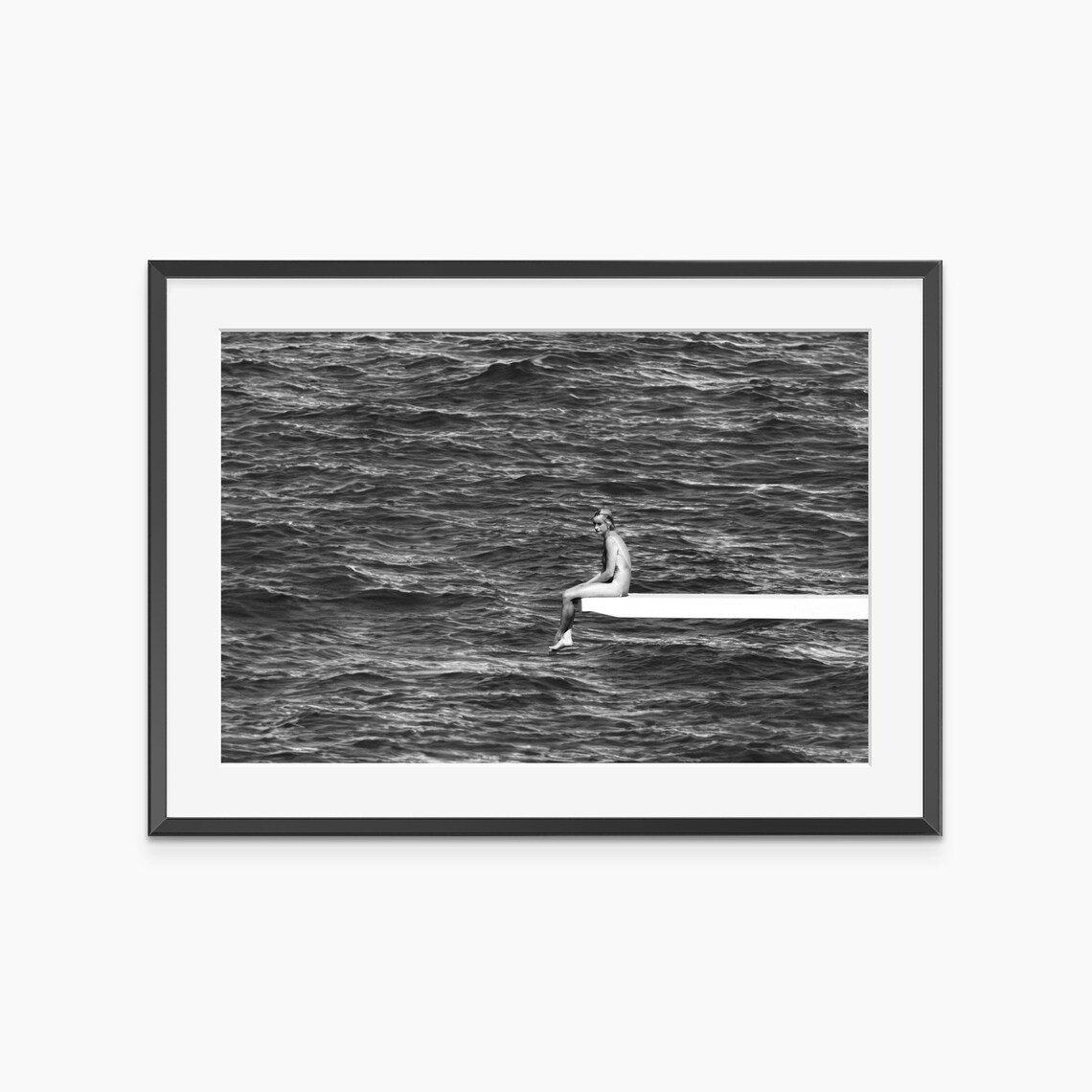 Black and White Ocean Diving Board Woman Fine Art Photo Poster