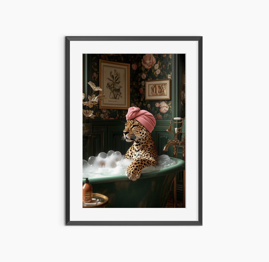 Funny Leopard Bubble Bath Pink Towel Vintage Bathroom Humor Art Poster