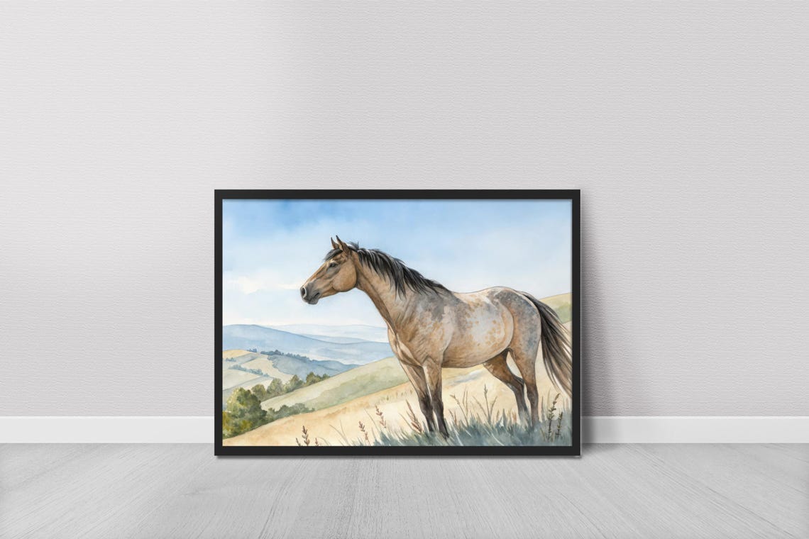 Buckskin Horse Watercolor Standing in Rolling Hills Pasture Poster