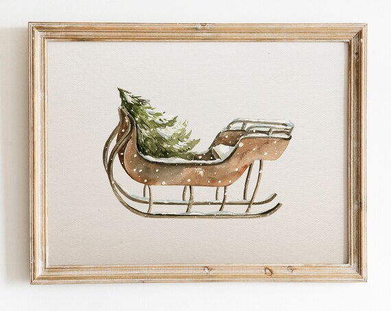 Vintage Watercolor Sleigh with Christmas Tree Winter Scene Poster