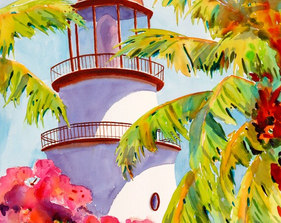 Key West Lighthouse, Duval Street Watercolor Art Print