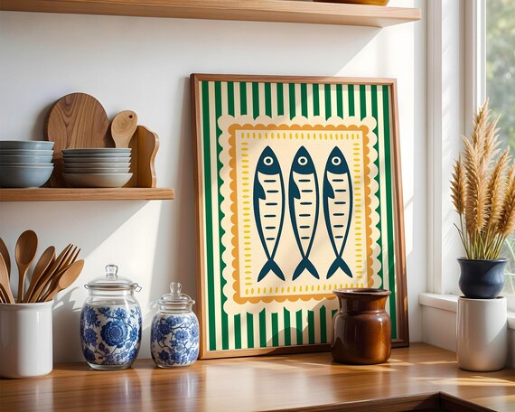 Retro Striped Fish Kitchen Print Blue Nautical Vintage Design